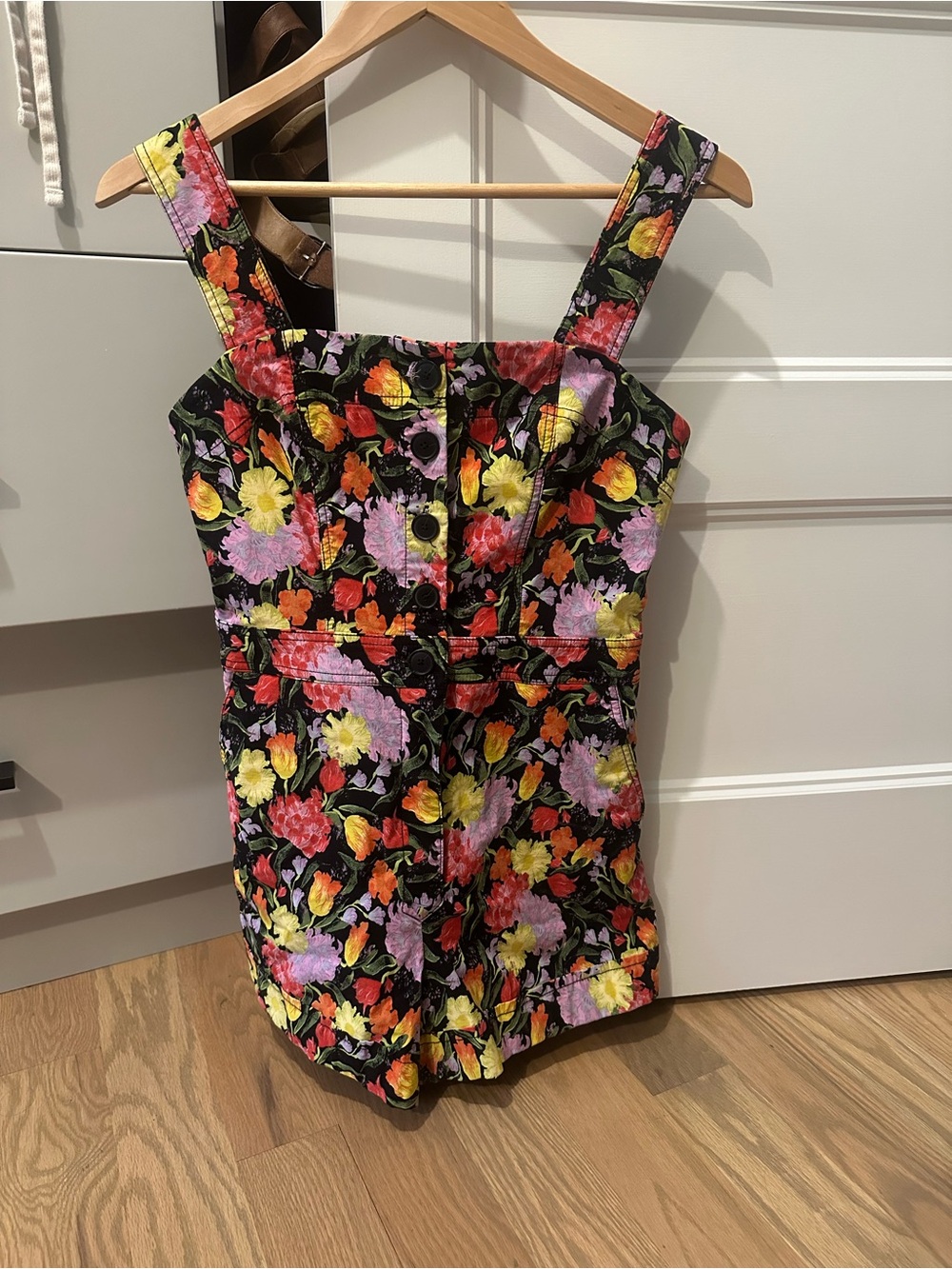 Maeve Black Floral Sleeveless Romper with Buttons